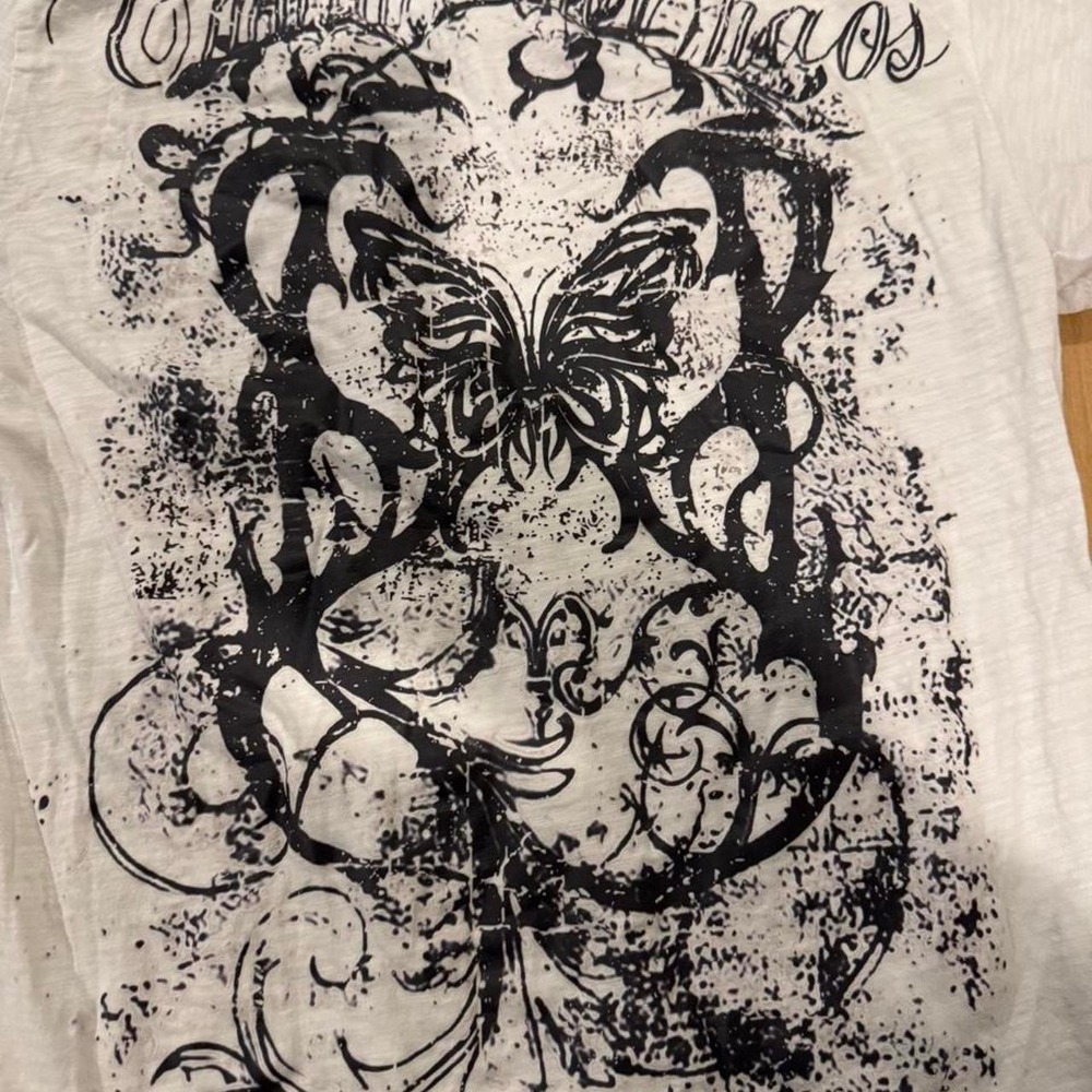Gothic Butterfly Graphic Slub Knit T-Shirt White Black Y2K Grunge XS